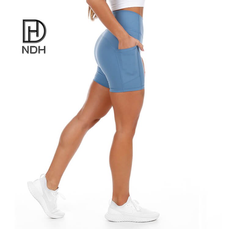 Flatlock Construction Fitness Leggings With Pockets High Waisted Nylon Biker Shorts