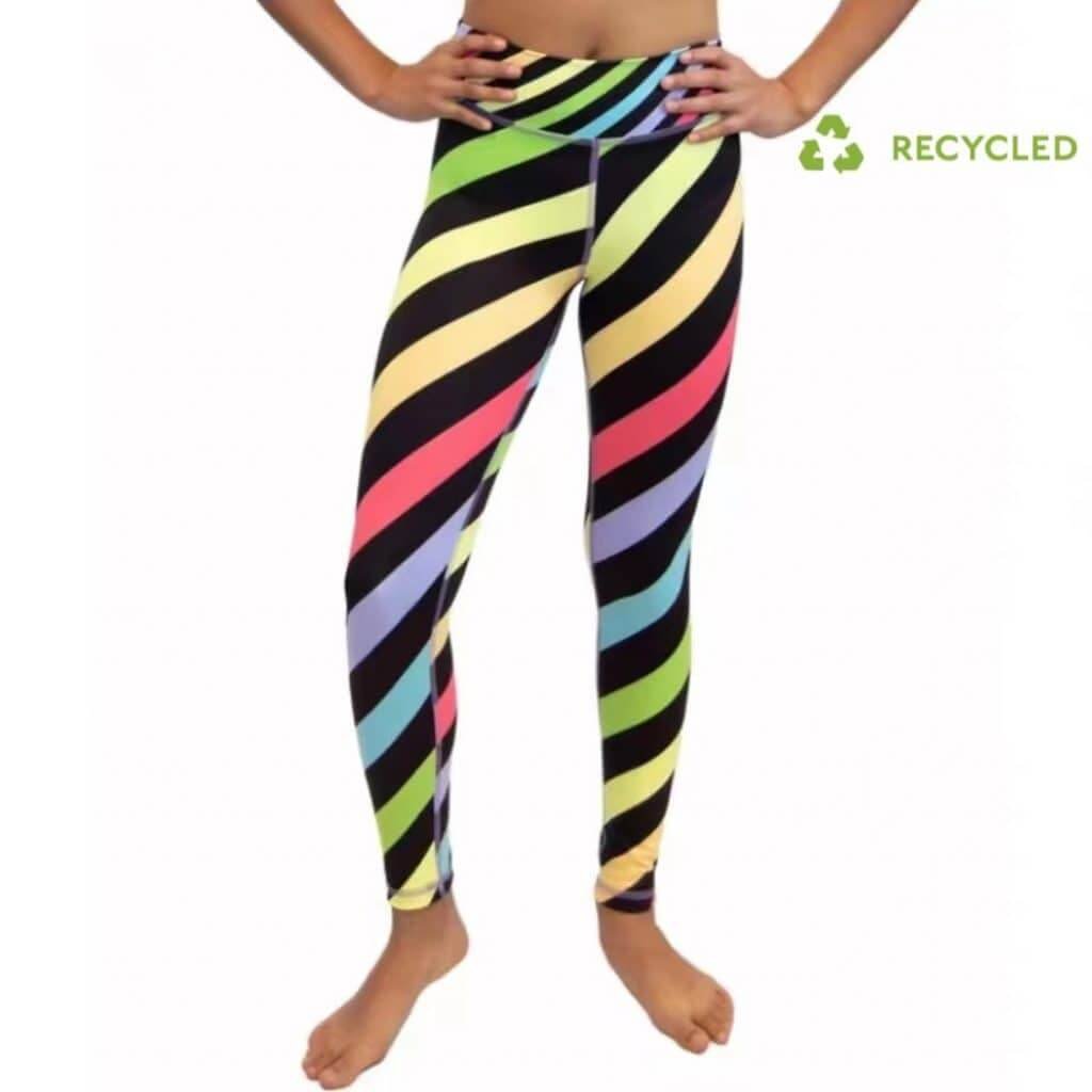 High-Waisted Flatlock Construction Rainbow Print Kids Red Yellow Gold Leggings recycled